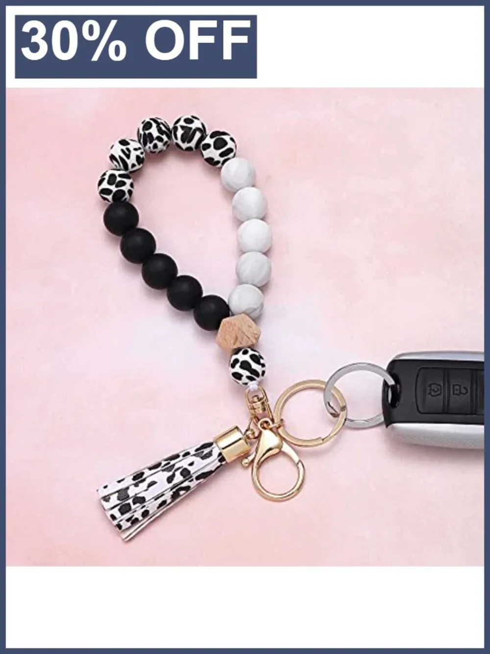 Silicone Beaded Key Ring Bracelet Wristlet Keychain with Leather Tassel